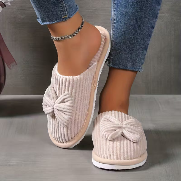 Women’s Warm Fluffy Slippers – Soft Corduroy House Shoes with Bow