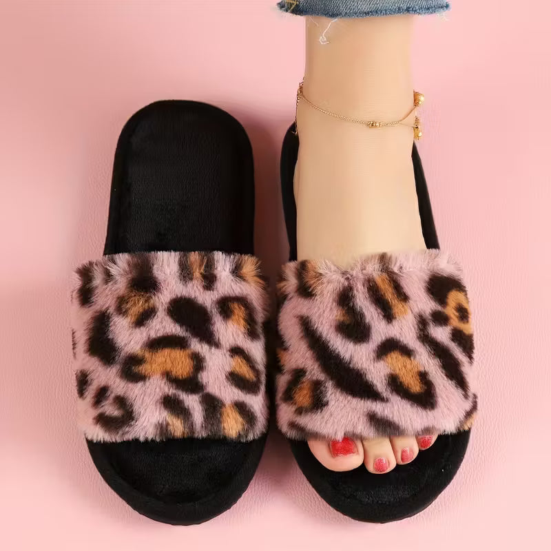 Women’s Warm Fluffy Leopard Slippers – Soft Faux Fur Indoor Slides