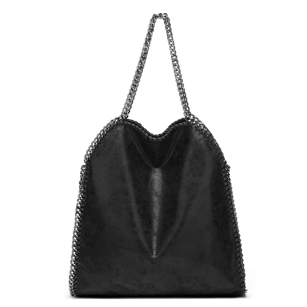 Women’s Large Chain Shoulder Bag | Faux Leather Tote Handbag – Black
