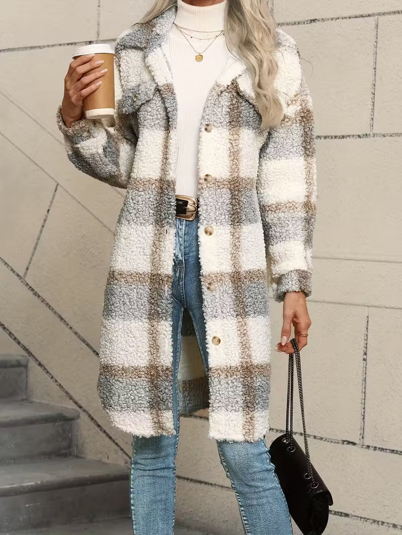 Women’s Plaid Teddy Jacket – Warm Fleece Oversized Coat