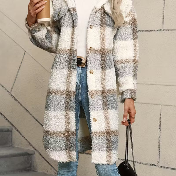 Women’s Plaid Teddy Jacket – Warm Fleece Oversized Coat