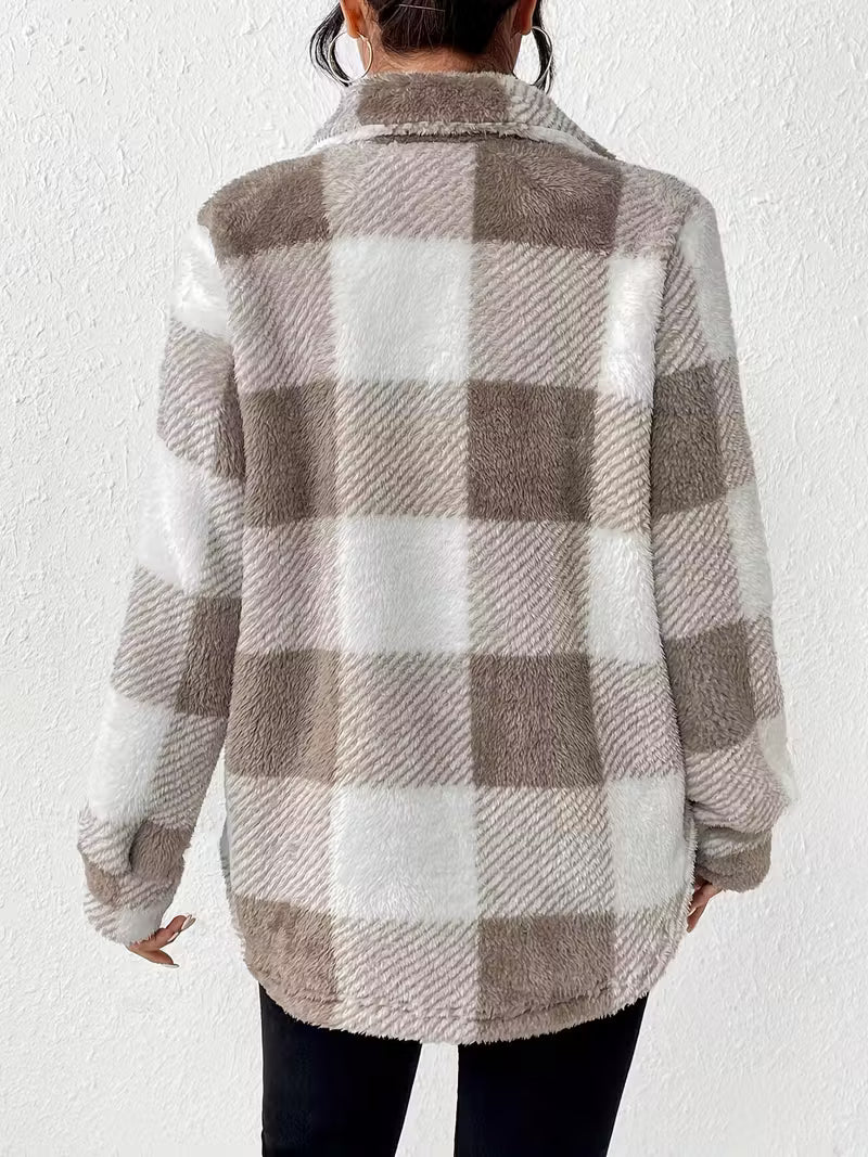 Women’s Plaid Fleece Jacket – Warm Oversized Check Coat – Chloé