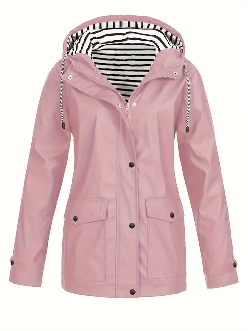 Women’s Waterproof Hooded Raincoat – Lightweight Rain Jacket with Striped Lining
