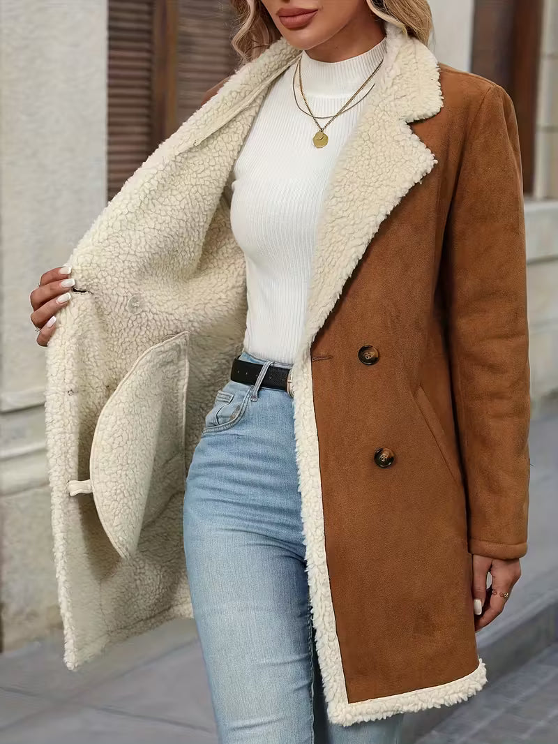 Women’s Camel Shearling Coat – Warm Double Breasted Winter Jacket