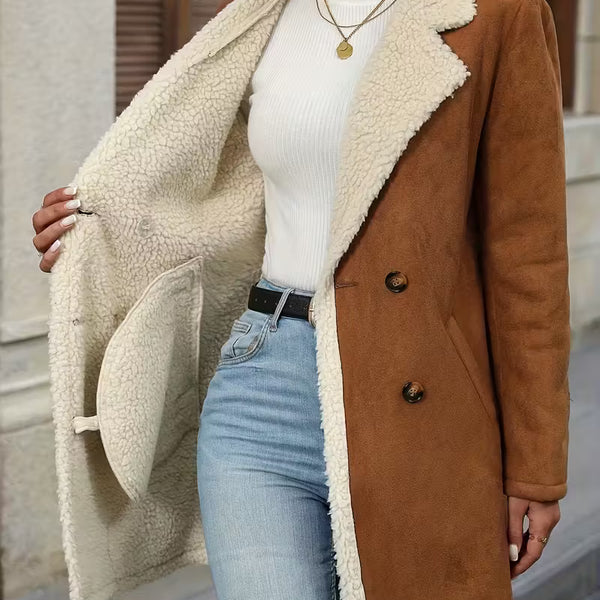 Women’s Camel Shearling Coat – Warm Double Breasted Winter Jacket
