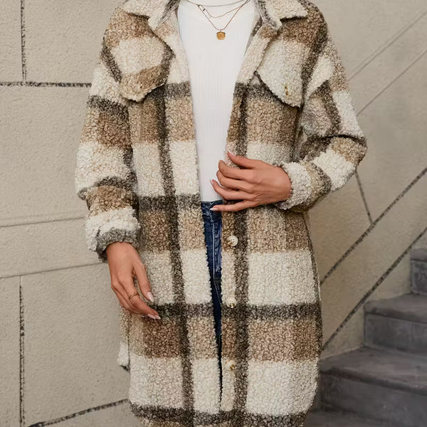 Women’s Plaid Teddy Jacket – Warm Fleece Oversized Coat