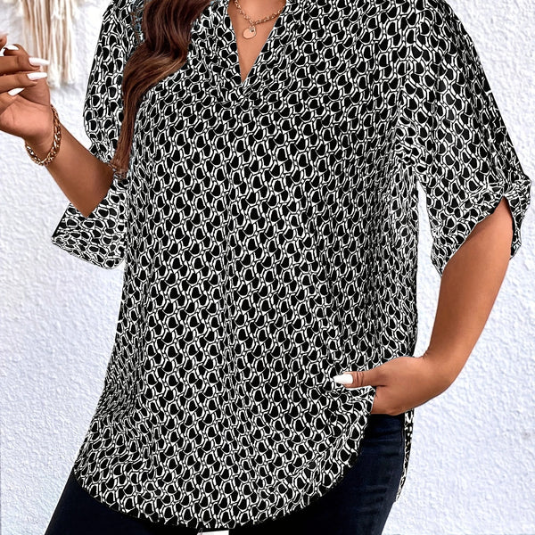 Women's Plus Size Printed Blouse – Casual Loose Fit V-Neck Shirt