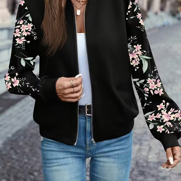 Women’s Floral Bomber Jacket – Black Lightweight Zip-Up Casual Jacket