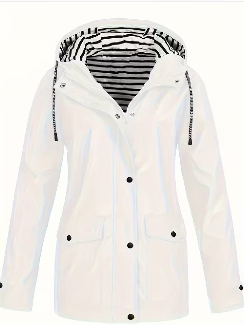 Women’s Waterproof Hooded Raincoat – Lightweight Rain Jacket with Striped Lining