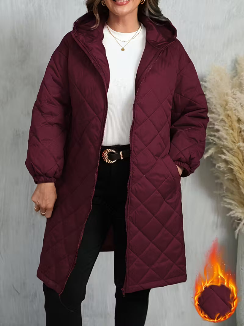 Women’s Warm Quilted Hooded Zip-Up Coat – Long Sleeve Winter Outerwear