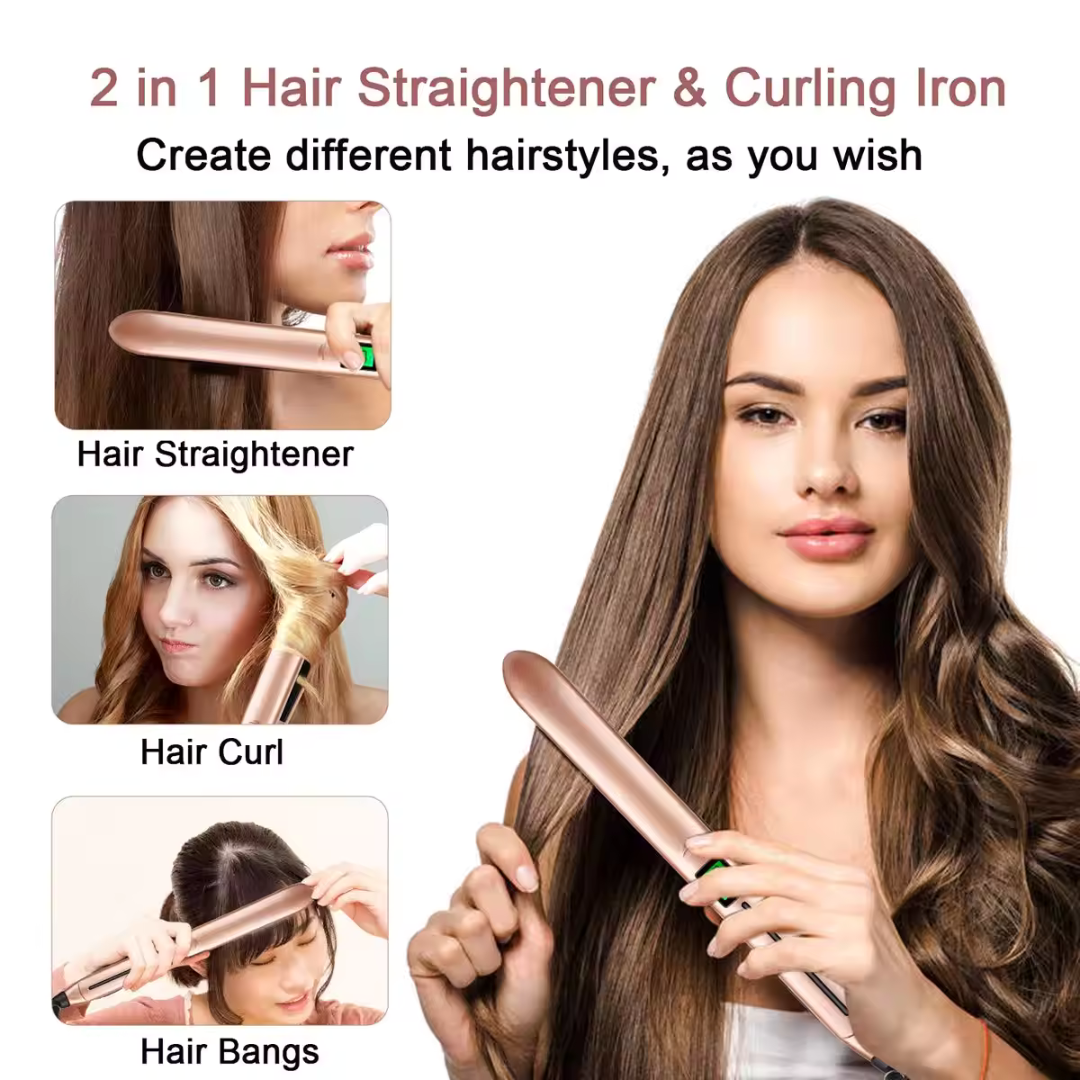 2-in-1 Ceramic Hair Straightener & Curler with LCD Display