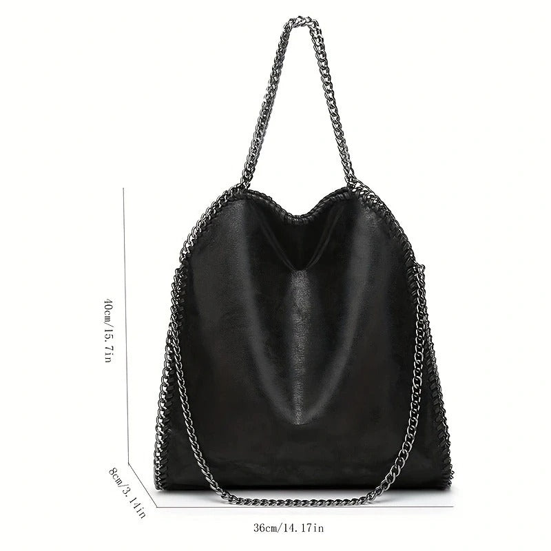 Women’s Large Chain Shoulder Bag | Faux Leather Tote Handbag – Black
