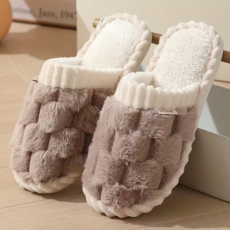 Women’s Warm Fluffy Slippers – Soft Knitted Furry Indoor House Shoes
