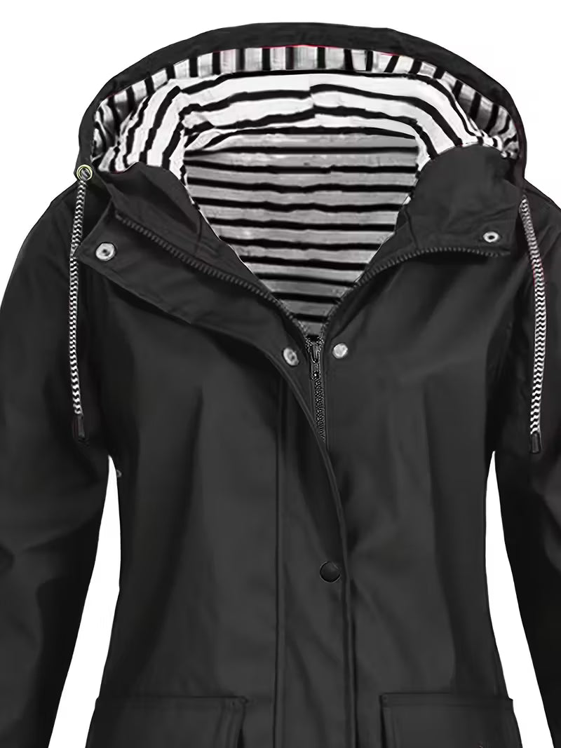Women’s Waterproof Hooded Raincoat – Lightweight Rain Jacket with Striped Lining