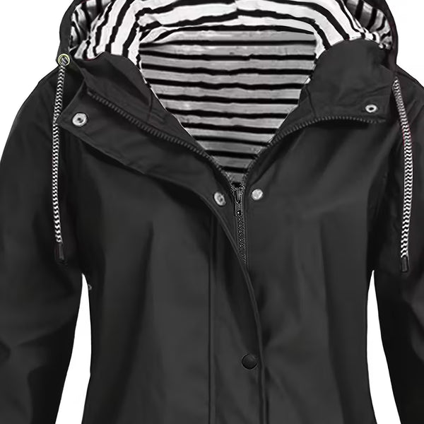 Women’s Waterproof Hooded Raincoat – Lightweight Rain Jacket with Striped Lining