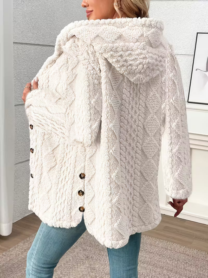 Women’s Hooded Teddy Fleece Jacket – Plush Warm Winter Coat with Quilted Texture