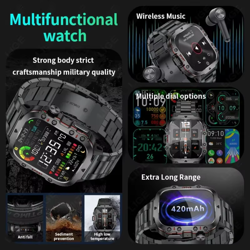 Rugged Military-Grade Waterproof Smartwatch – Bluetooth, Fitness Tracking & Long Battery Life