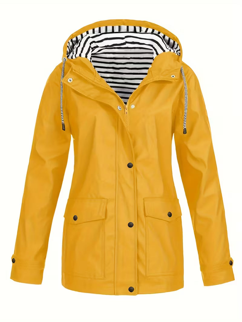 Women’s Waterproof Hooded Raincoat – Lightweight Rain Jacket with Striped Lining