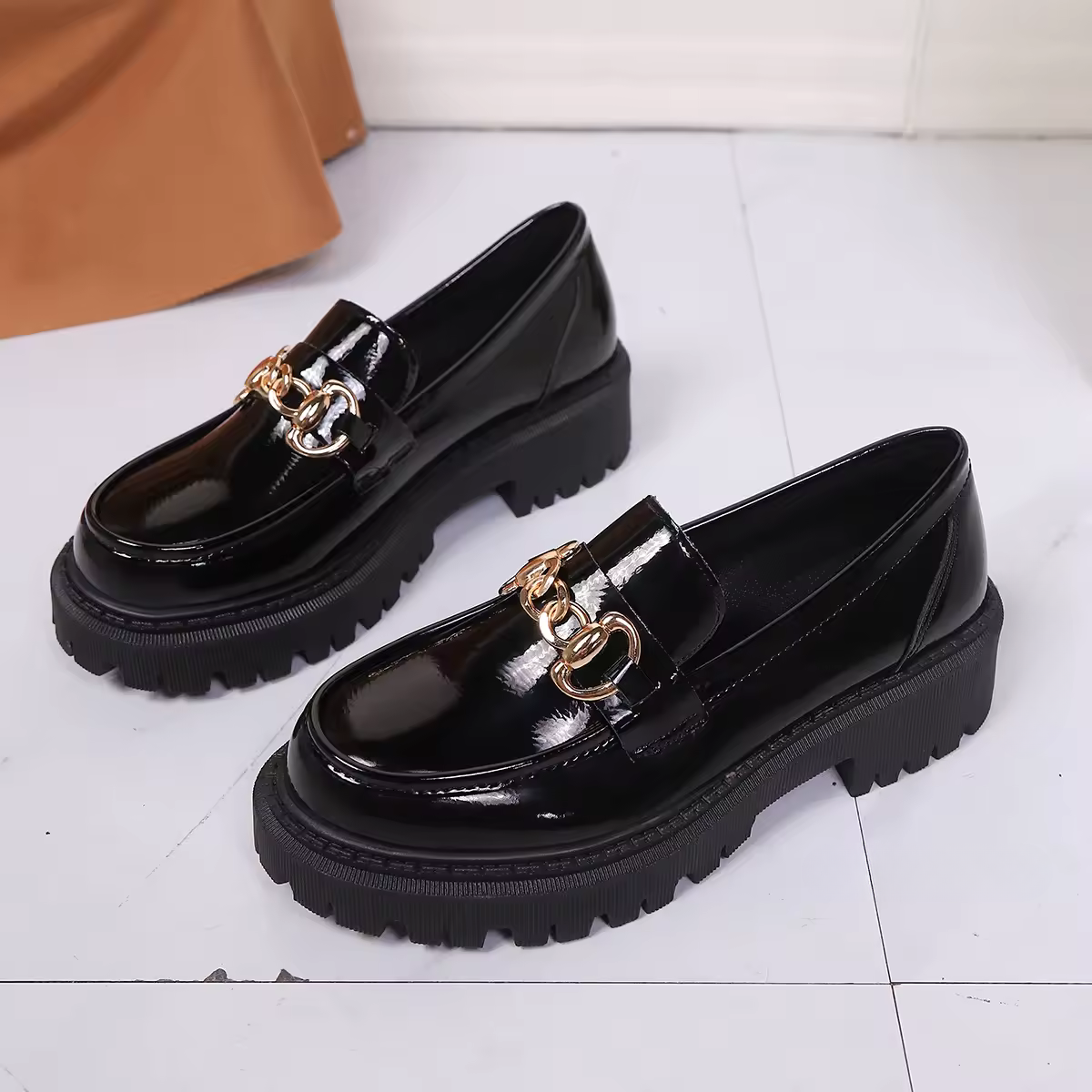 Women’s Chunky Loafers with Chain Detail – Platform Sole
