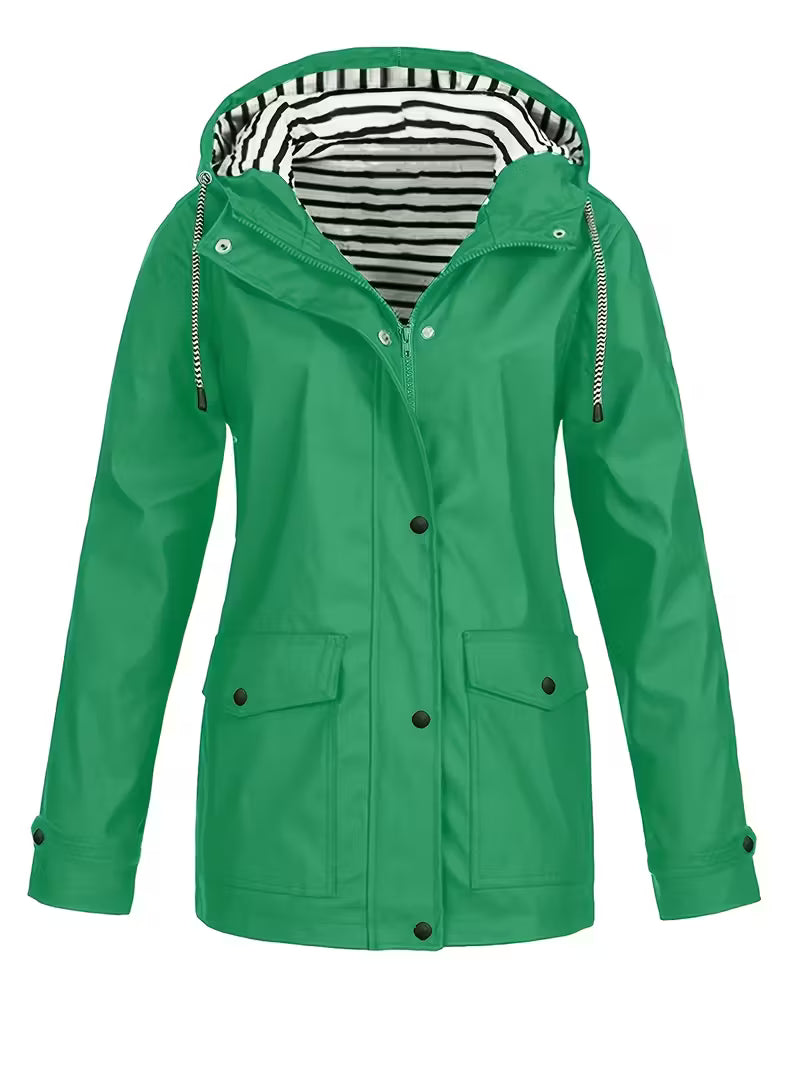 Women’s Waterproof Hooded Raincoat – Lightweight Rain Jacket with Striped Lining