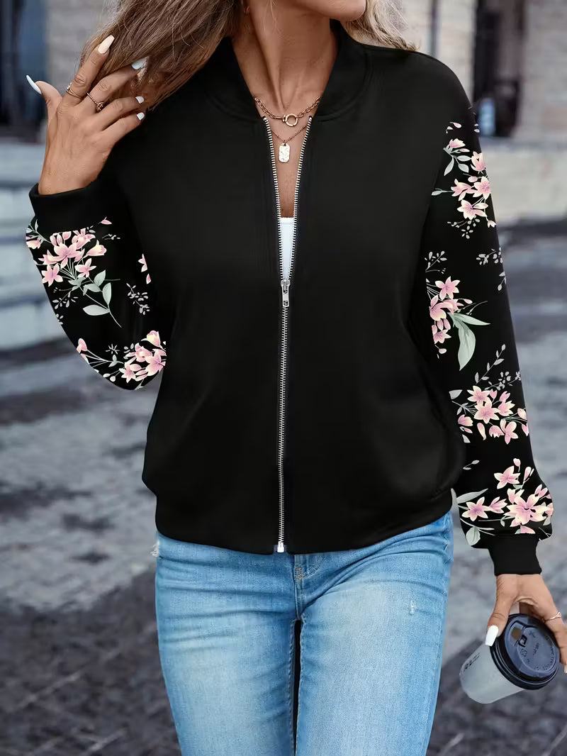 Women’s Floral Bomber Jacket – Black Lightweight Zip-Up Casual Jacket