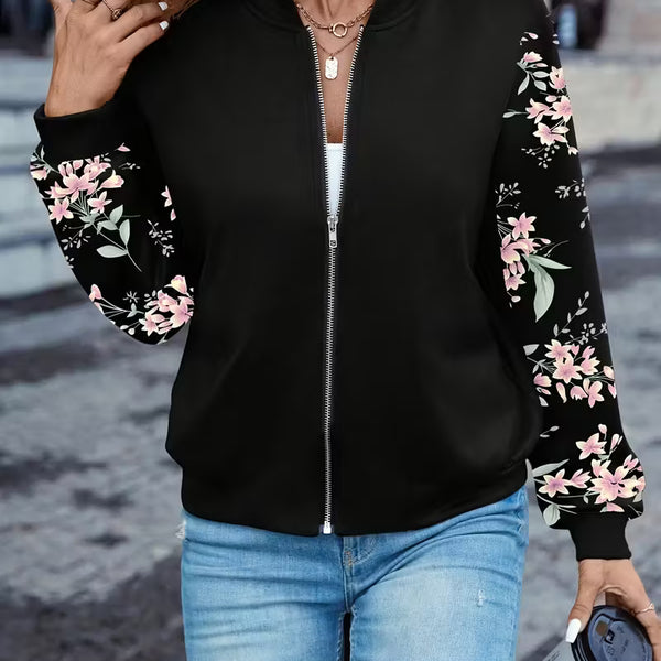Women’s Floral Bomber Jacket – Black Lightweight Zip-Up Casual Jacket