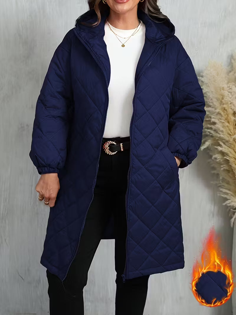 Women’s Warm Quilted Hooded Zip-Up Coat – Long Sleeve Winter Outerwear