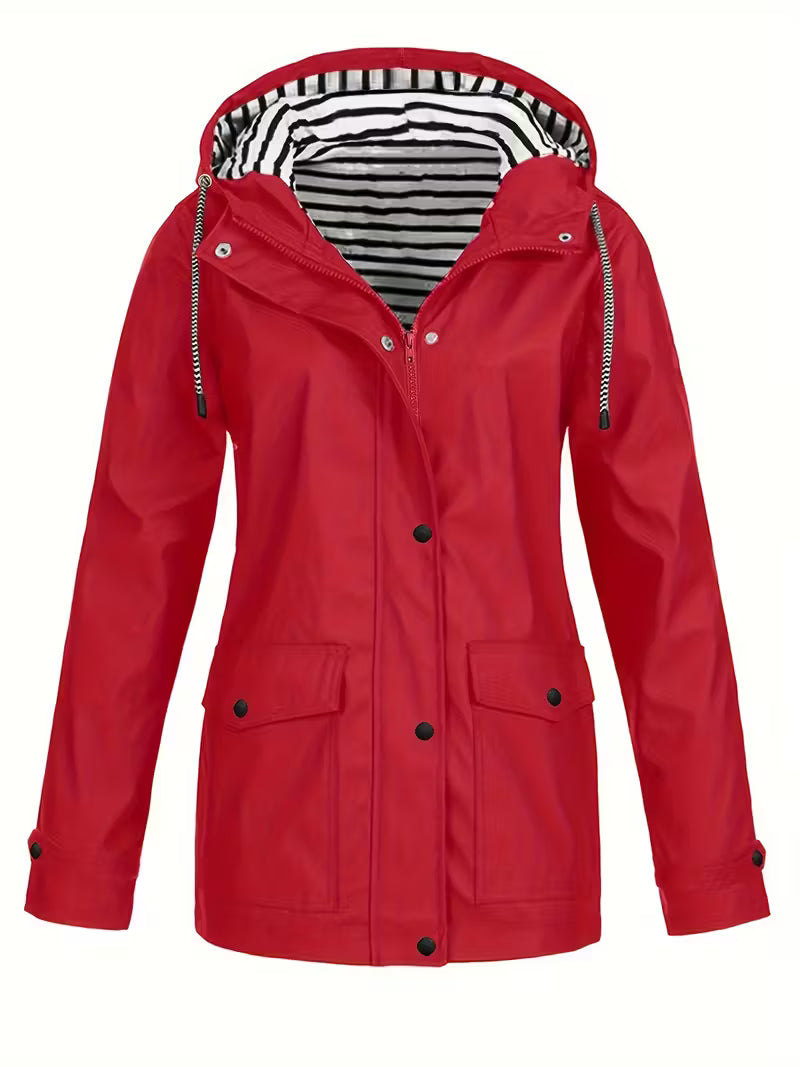 Women’s Waterproof Hooded Raincoat – Lightweight Rain Jacket with Striped Lining