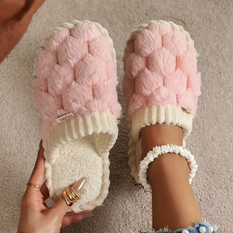 Women’s Warm Fluffy Slippers – Soft Knitted Furry Indoor House Shoes