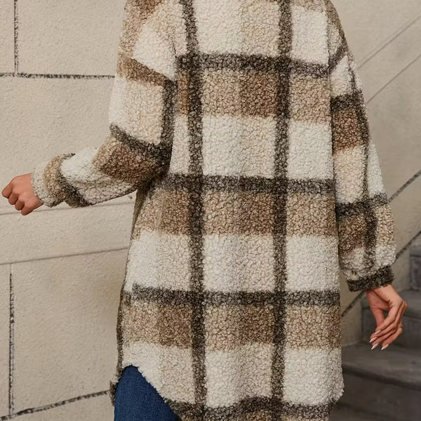 Women’s Plaid Teddy Jacket – Warm Fleece Oversized Coat