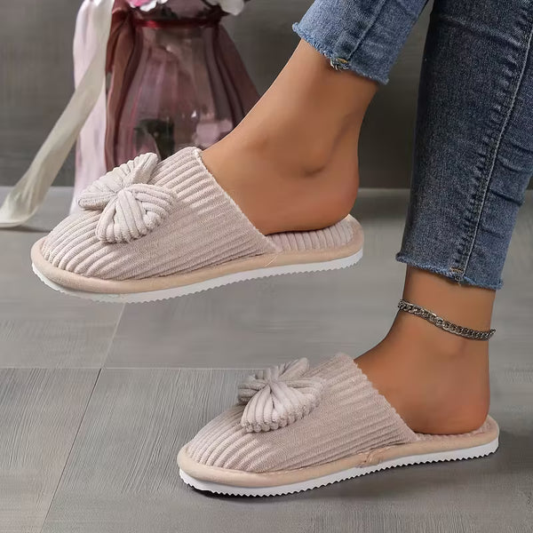 Women’s Warm Fluffy Slippers – Soft Corduroy House Shoes with Bow