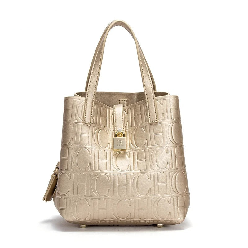 Women’s Embossed Tote Bag | Black Luxury Handbag with Red Lining & Gold Lock