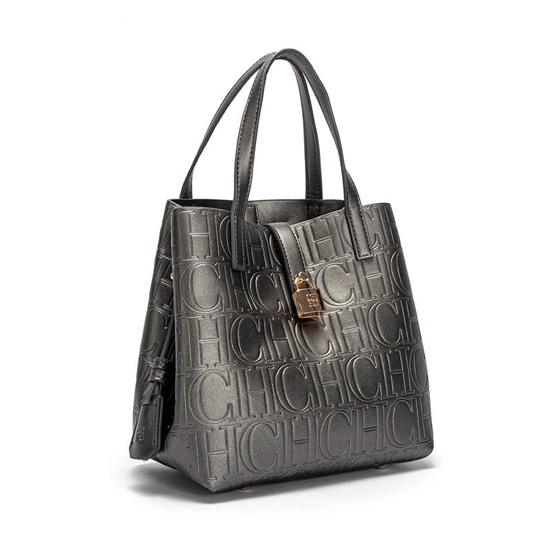 Women’s Embossed Tote Bag | Black Luxury Handbag with Red Lining & Gold Lock