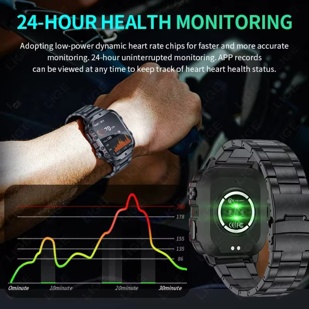 Rugged Military-Grade Waterproof Smartwatch – Bluetooth, Fitness Tracking & Long Battery Life