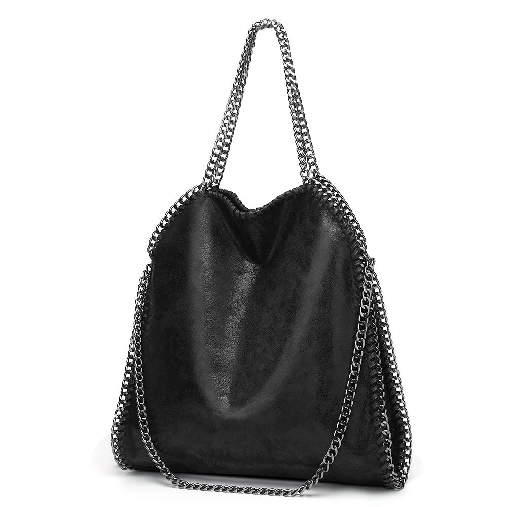 Women’s Large Chain Shoulder Bag | Faux Leather Tote Handbag – Black
