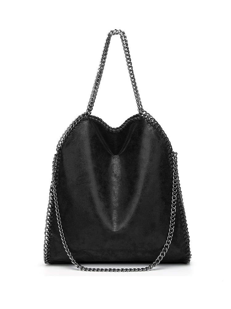 Women’s Large Chain Shoulder Bag | Faux Leather Tote Handbag – Black