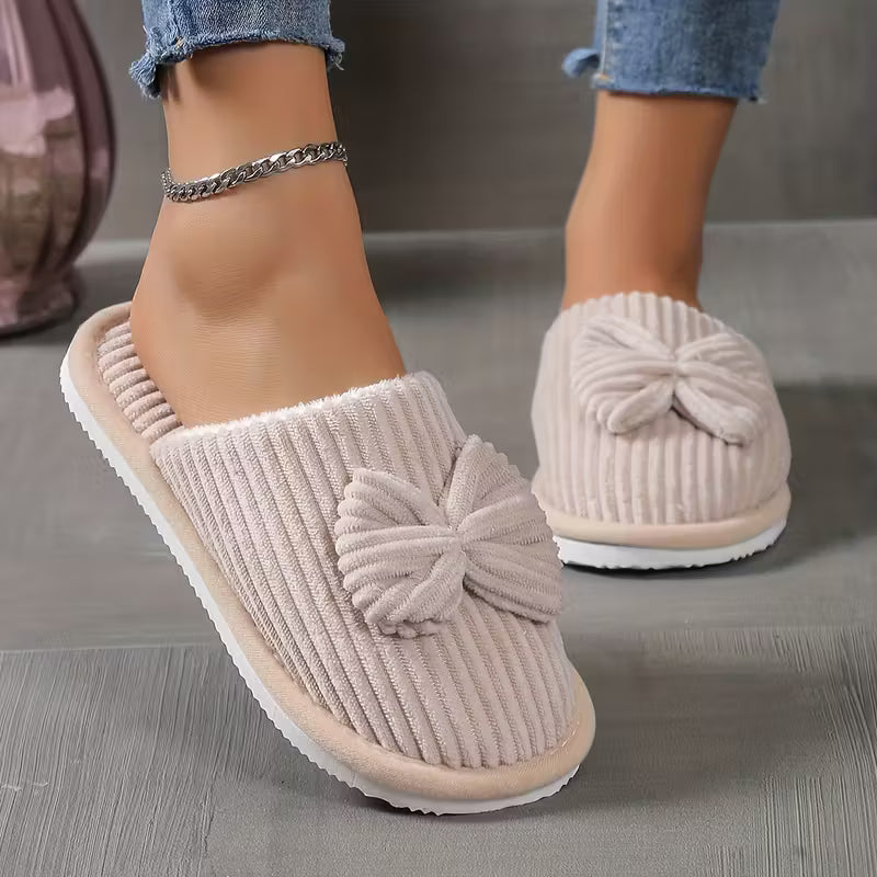 Women’s Warm Fluffy Slippers – Soft Corduroy House Shoes with Bow
