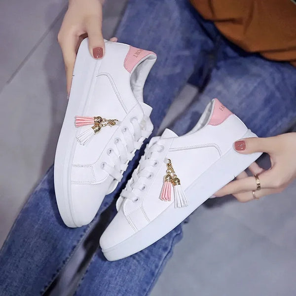 Women’s White Casual Sneakers – Lightweight, Stylish & Tassel Detail
