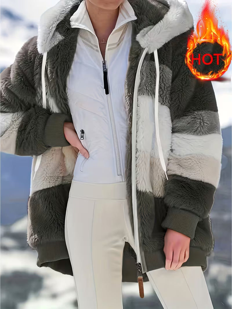 Women’s Plush Faux Fur Hooded Coat – Warm Winter Outerwear