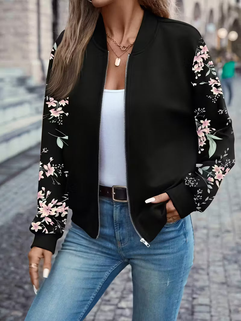 Women’s Floral Bomber Jacket – Black Lightweight Zip-Up Casual Jacket