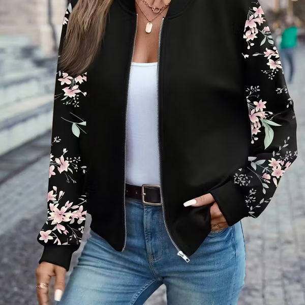 Women’s Floral Bomber Jacket – Black Lightweight Zip-Up Casual Jacket