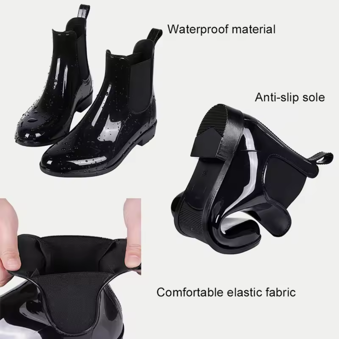 Women’s Waterproof Chelsea Boots – Black Rubber Ankle Rain Boots | RainBelle™