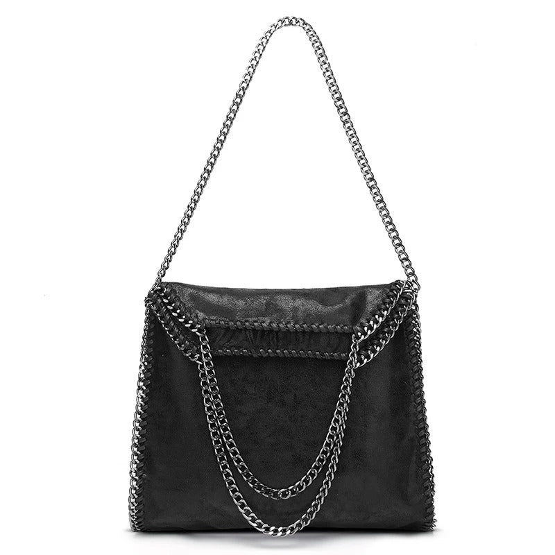 Women’s Large Chain Shoulder Bag | Faux Leather Tote Handbag – Black