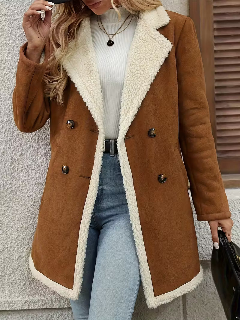 Women’s Camel Shearling Coat – Warm Double Breasted Winter Jacket
