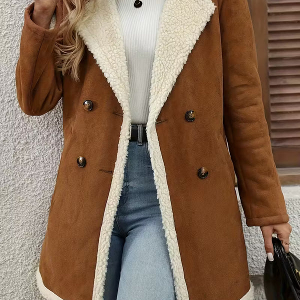 Women’s Camel Shearling Coat – Warm Double Breasted Winter Jacket
