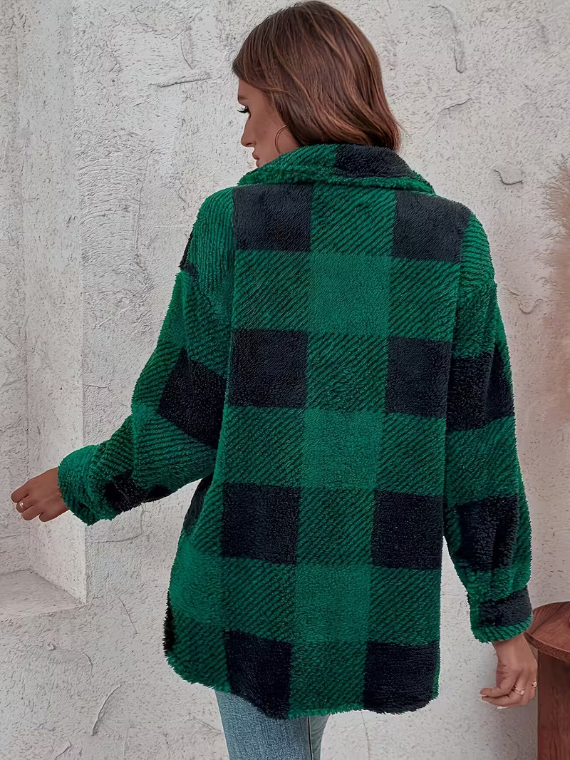Women’s Plaid Fleece Jacket – Warm Oversized Check Coat – Chloé