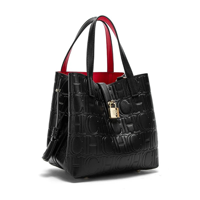 Women’s Embossed Tote Bag | Black Luxury Handbag with Red Lining & Gold Lock
