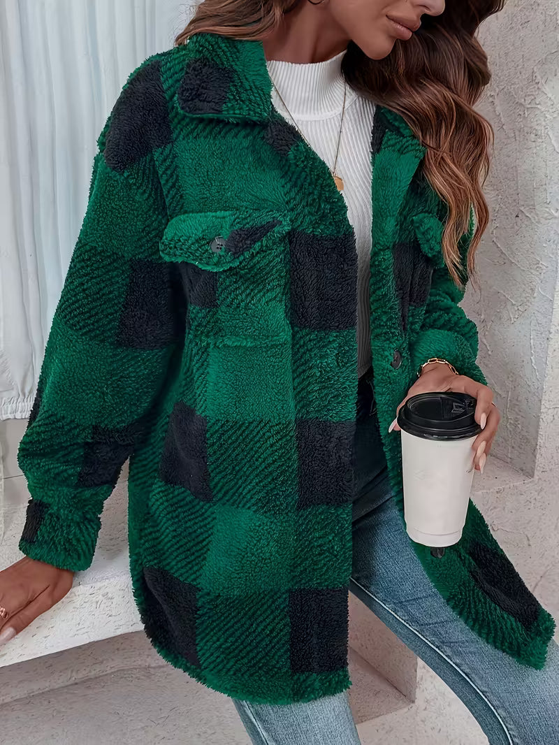 Women’s Plaid Fleece Jacket – Warm Oversized Check Coat – Chloé