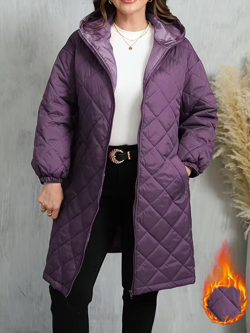 Women’s Warm Quilted Hooded Zip-Up Coat – Long Sleeve Winter Outerwear