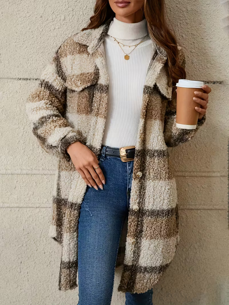 Women’s Plaid Teddy Jacket – Warm Fleece Oversized Coat